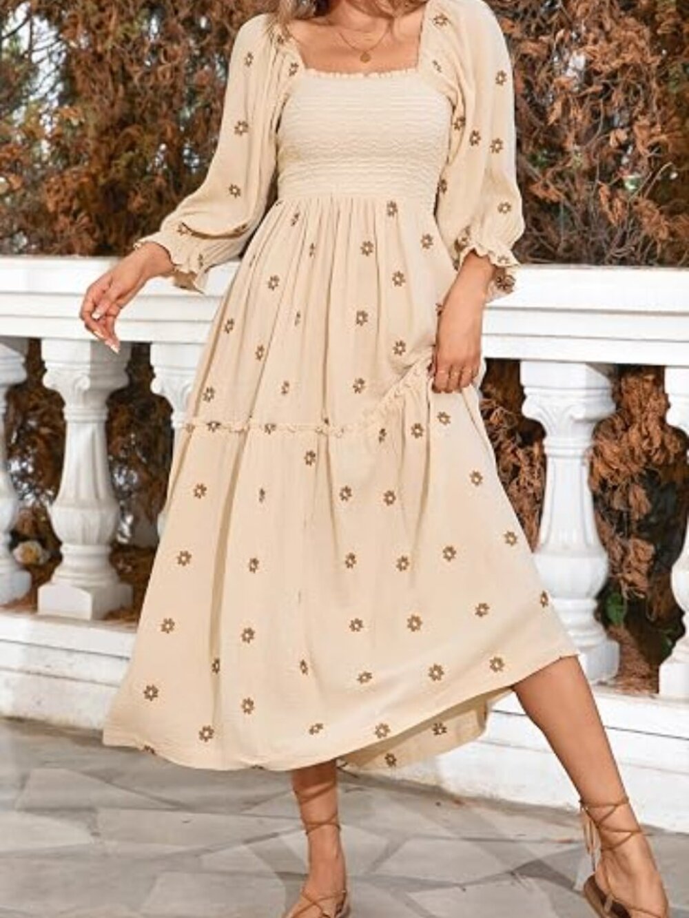 R.Vivimos Women's Cotton Floral Embroidered Boho Midi Dress with Pockets
